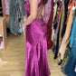Robe de bal vintage en satin rose vif brodée, fourreau, dos nu, robe de soirée longue, robe formelle DP6671