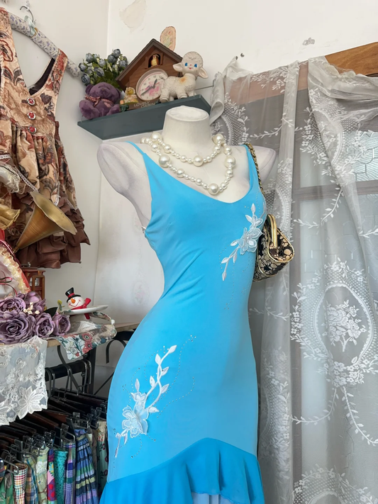 Vintage Light Blue Floral Appliques Tiered Ruffle Prom Dress DP8337