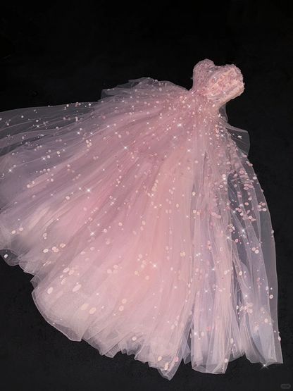 Dreamy Pink Tulle Applique Sequin Sweetheart Strapless Sweet 16 Quinceanera Ball Gown DP7330