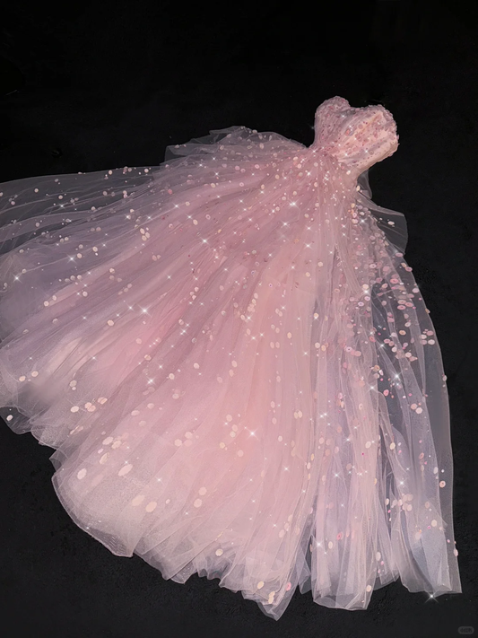 Dreamy Pink Tulle Applique Sequin Sweetheart Strapless Sweet 16 Quinceanera Ball Gown DP7330