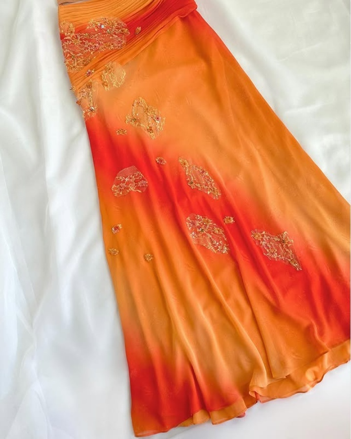 Oranges 2-teiliges Trägerkleid aus Spitze und Chiffon, schickes langes Partykleid, DP4084