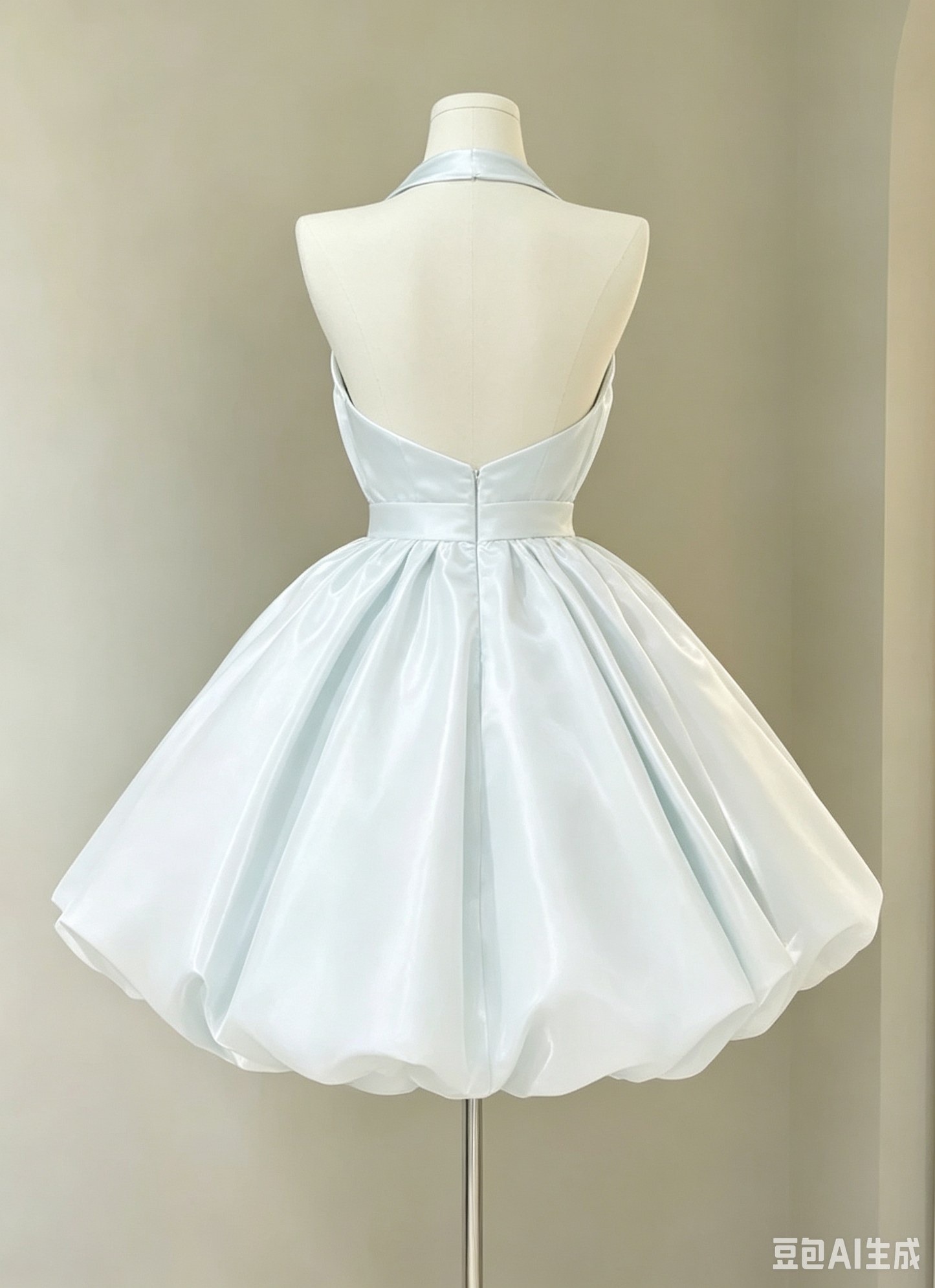 Elegant Light Blue Halter V-Neck Satin A-Line Homecoming Dress DP8720