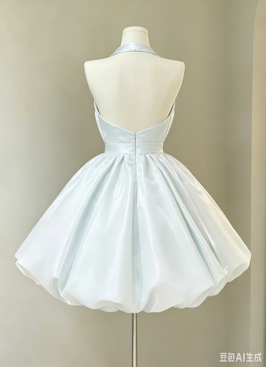 Elegant Light Blue Halter V-Neck Satin A-Line Homecoming Dress DP8720