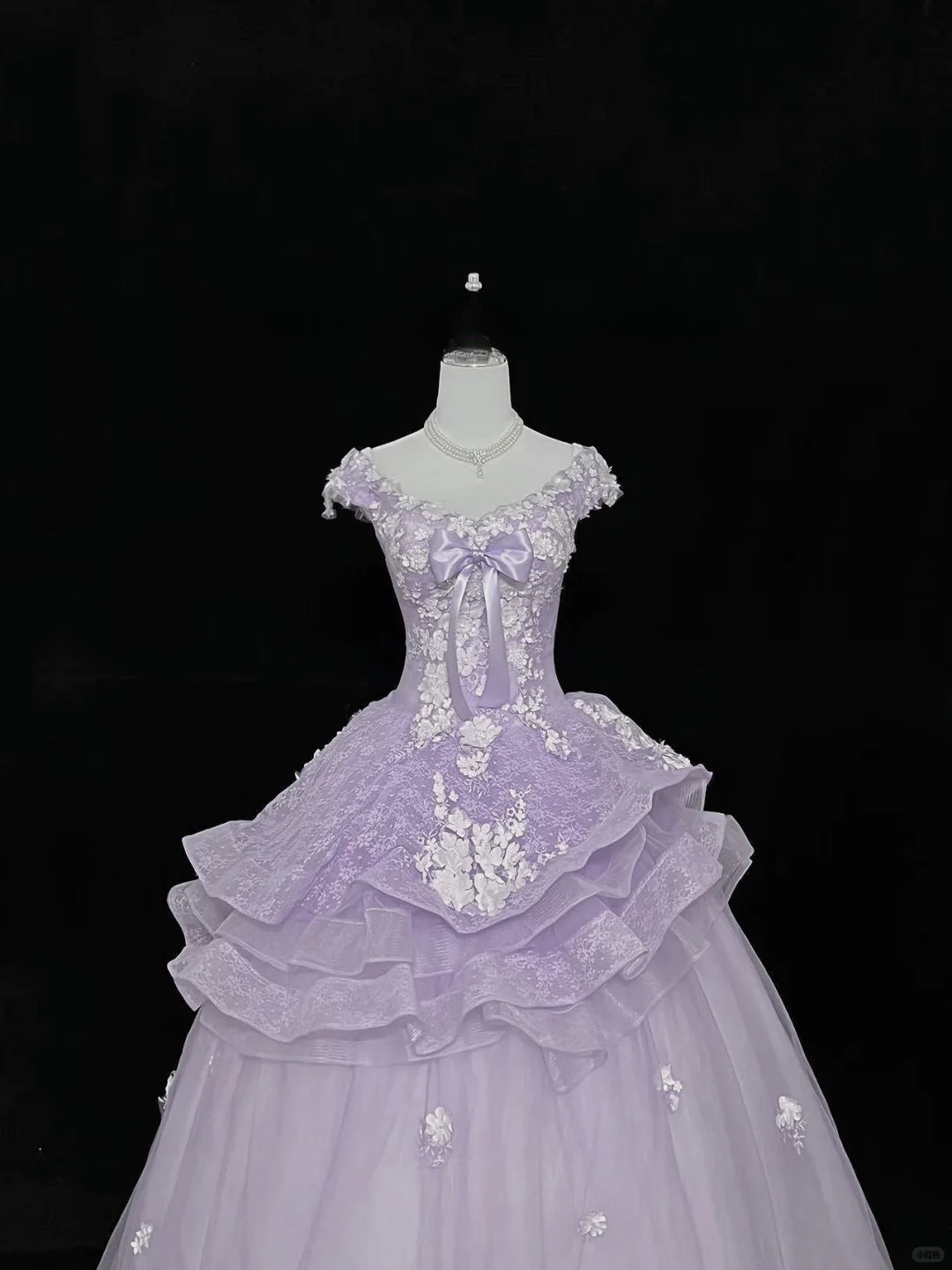 Chic Lavender Off-the-Shoulder 3D Floral Applique Bow Sweet 16 Quinceanera Ball Gown DP7369