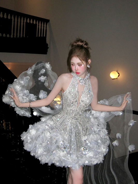 Fashion Silvery Backless Sparkling Beaded Design Romantic A-line Short Homecoming Dress DP6054