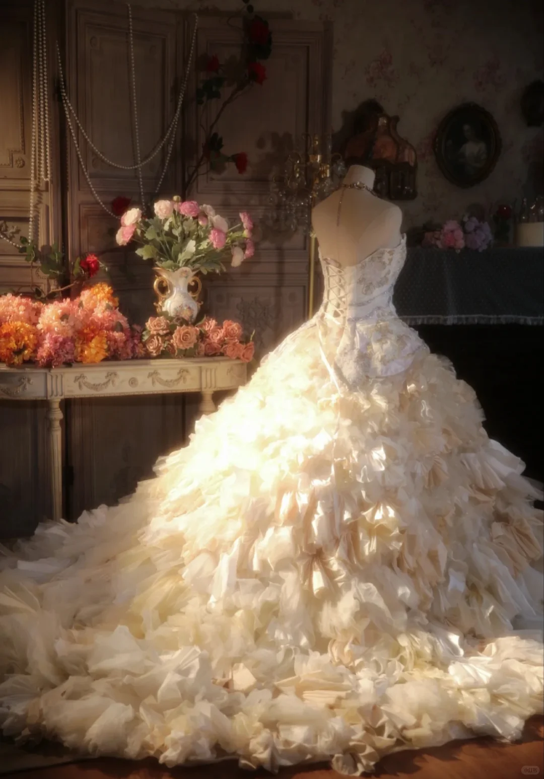 Vintage elfenbeinfarbenes trägerloses Ballkleid mit Perlenstickerei und Rüschen aus Tüll für Sweet 15 Quinceañera DP7557