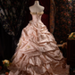 Elegant Pink Strapless Ruffled Tiered Gold Beaded Embroidery Sweet 16 Quinceanera Ball Gown DP7411