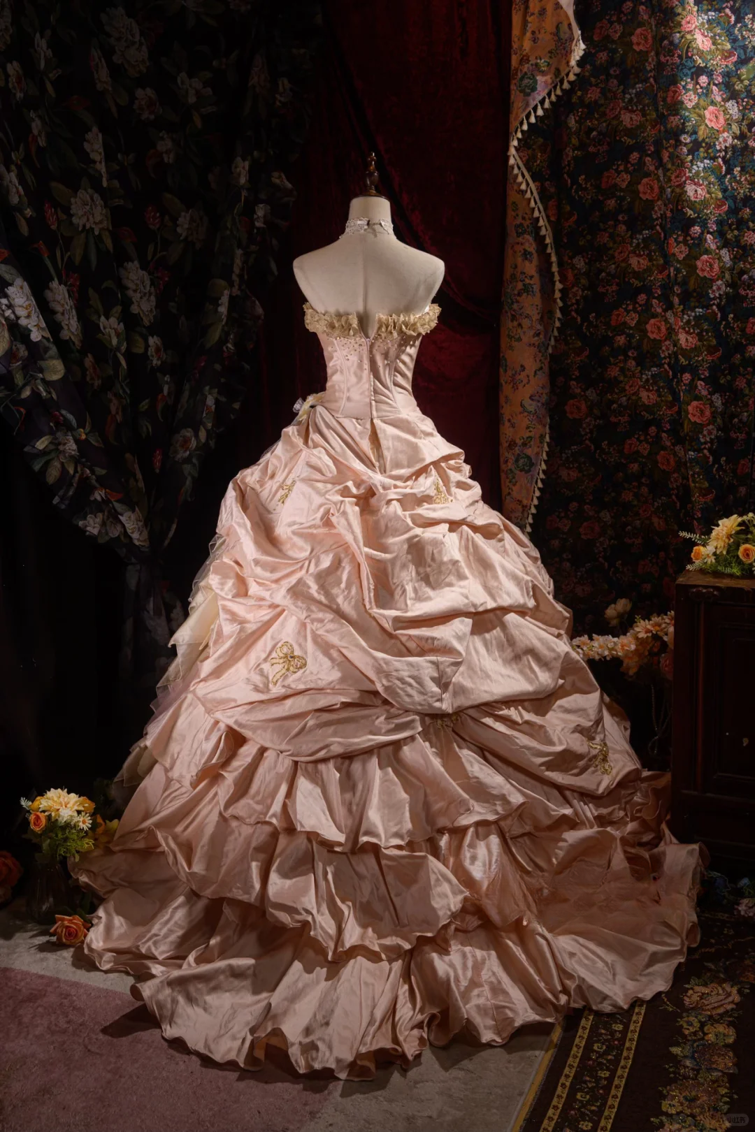 Elegant Pink Strapless Ruffled Tiered Gold Beaded Embroidery Sweet 16 Quinceanera Ball Gown DP7411