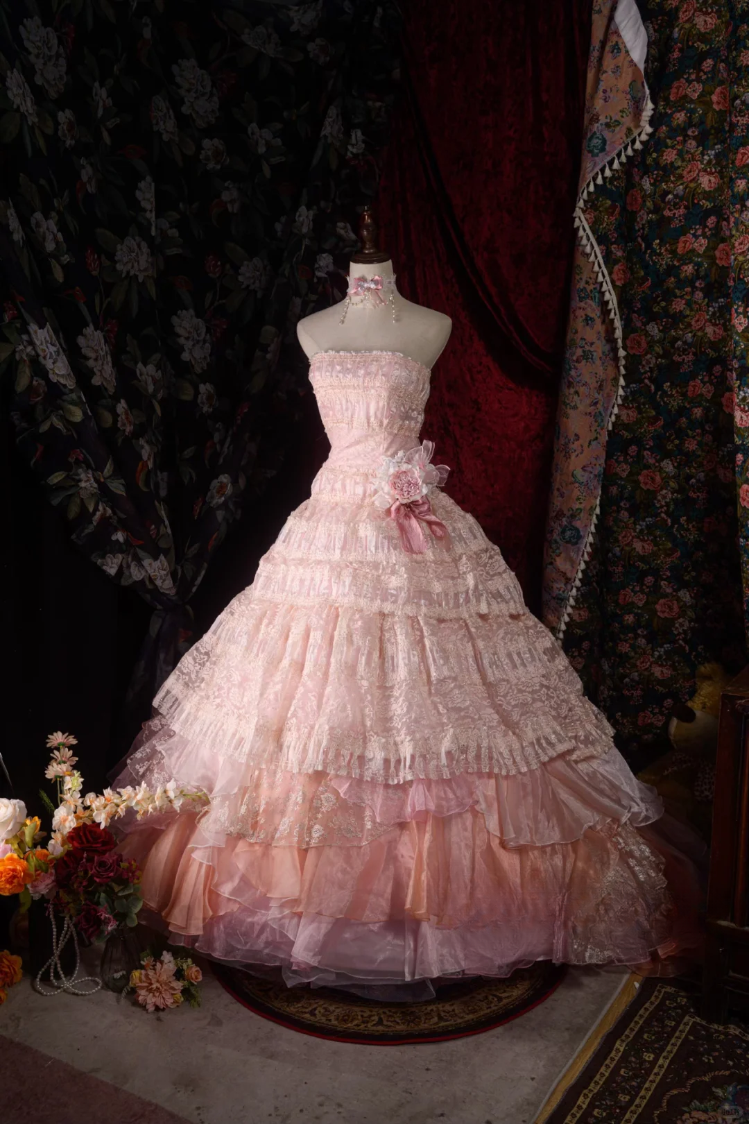 Glamorous Pink Tiered Strapless Lace Floral Sweet 16 Quinceanera Ball Gown DP7410