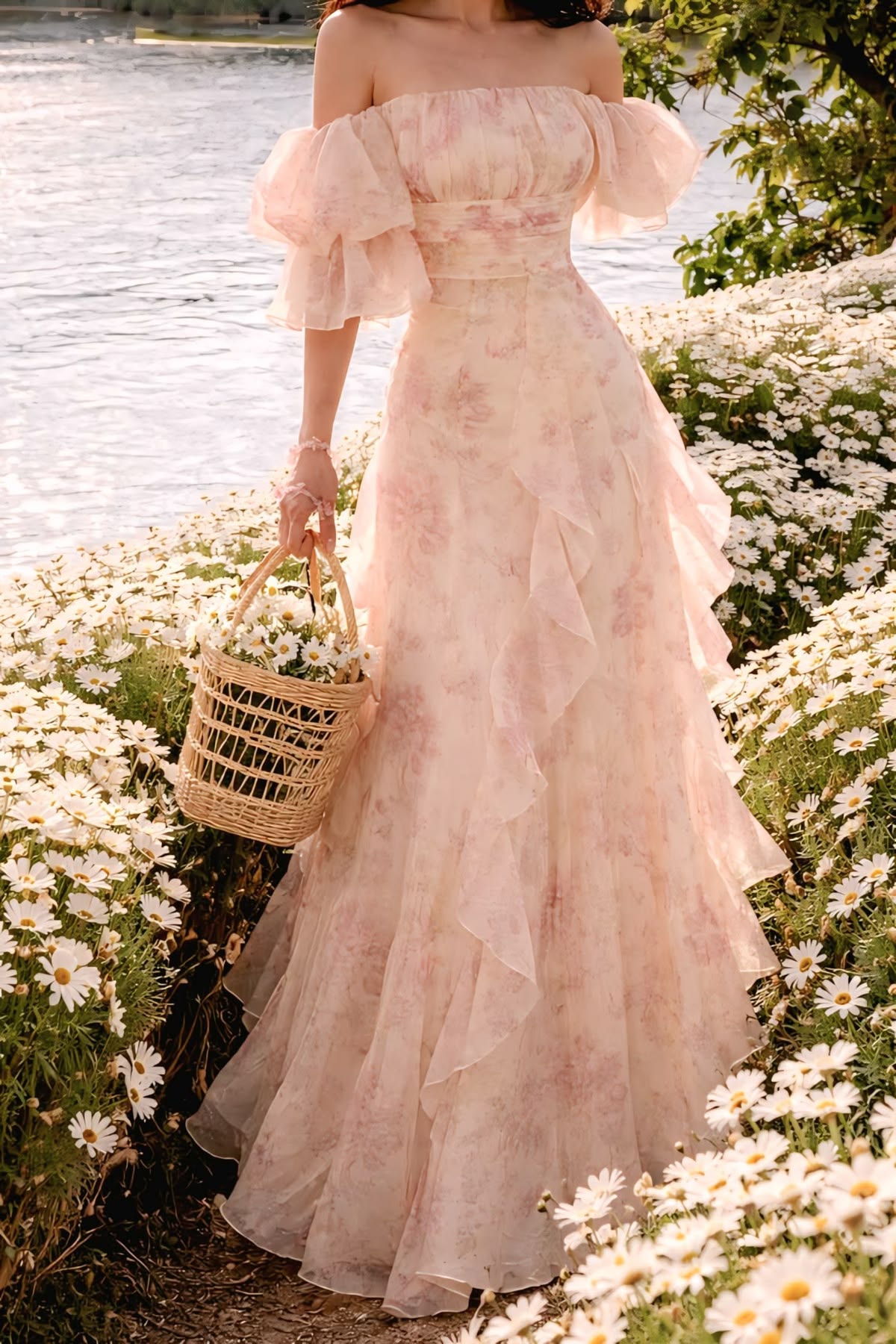 Vintage Pink Floral Off-the-Shoulder Prom Dress Tiered Ruffle Chiffon Formal Evening Gown DP8264