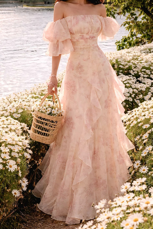 Vintage Pink Floral Off-the-Shoulder Prom Dress Tiered Ruffle Chiffon Formal Evening Gown DP8264