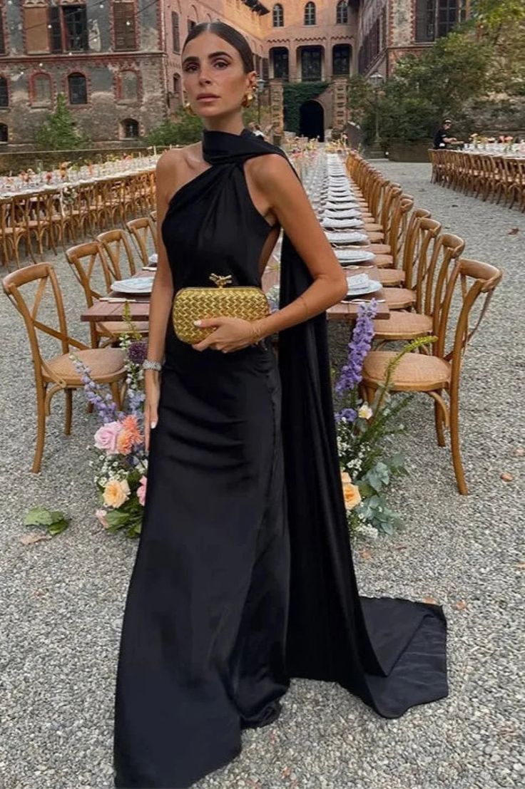 Vintage One-Shoulder Satin Mermaid Cape Train Evening Gown DP8419