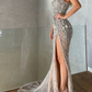 Gorgeous One-Shoulder Beaded Mermaid Evening Gown High Slit Prom Dress DS4529