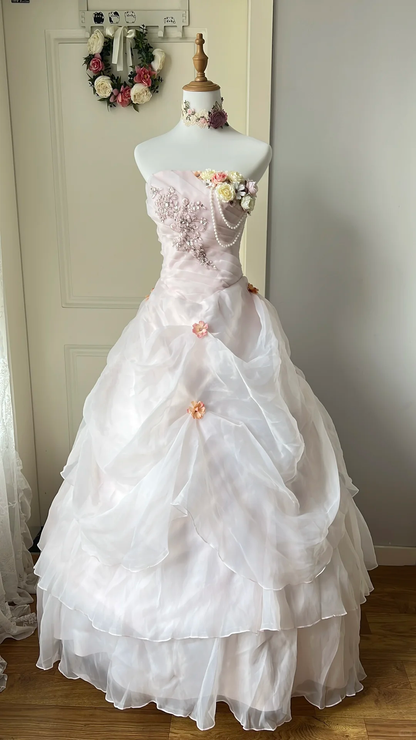 Vintage Light Pink Strapless Tulle 3D Floral Ruffled Tiered Sweet 16 Quinceanera Ball Gown DP7362