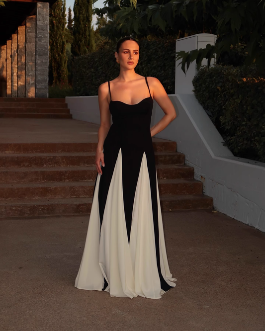 Vintage Black and White A-Line Prom Dress Spaghetti Strap Evening Dress Long Formal Dress, DP6608