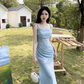Vintage Glänzendes Hellblaues Spaghettiträger Meerjungfrau Langes Sommerkleid Ballkleid Abendkleid DP6398
