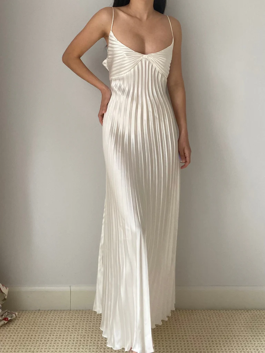 Ivory Spaghetti Straps A-Line Pleated Elegant Long Party Dress, DP3206