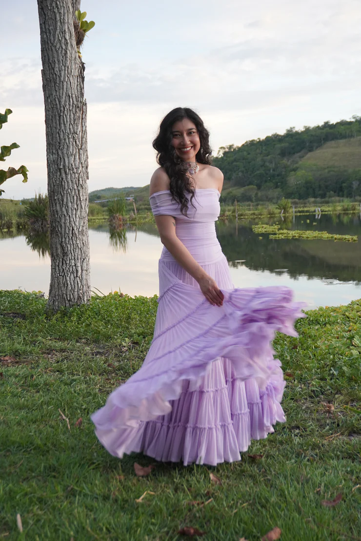 Elegant Lavender Off-the-Shoulder Tiered Tulle A-Line Prom Dress DP8457