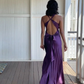 Elegant Dark Purple V Neck Halter Vintage Prom Dress, DP2276