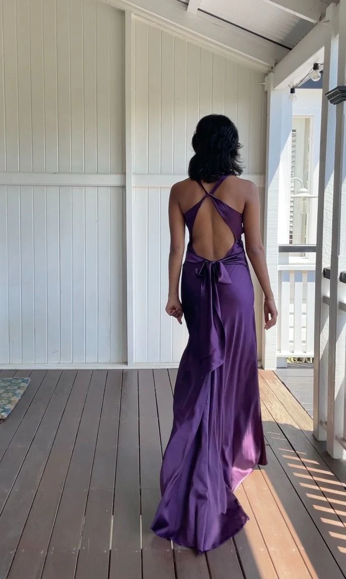 Elegant Dark Purple V Neck Halter Vintage Prom Dress, DP2276