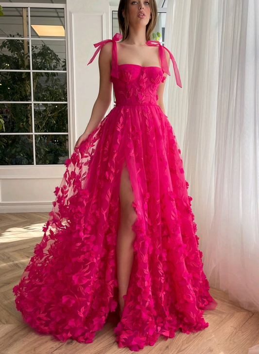 Fuchsia Tulle Prom Dresses Appliques Evening Party Gowns Spaghetti Straps,DP098