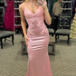 Robe de soirée longue sirène rose à bretelles et appliques, DP2210