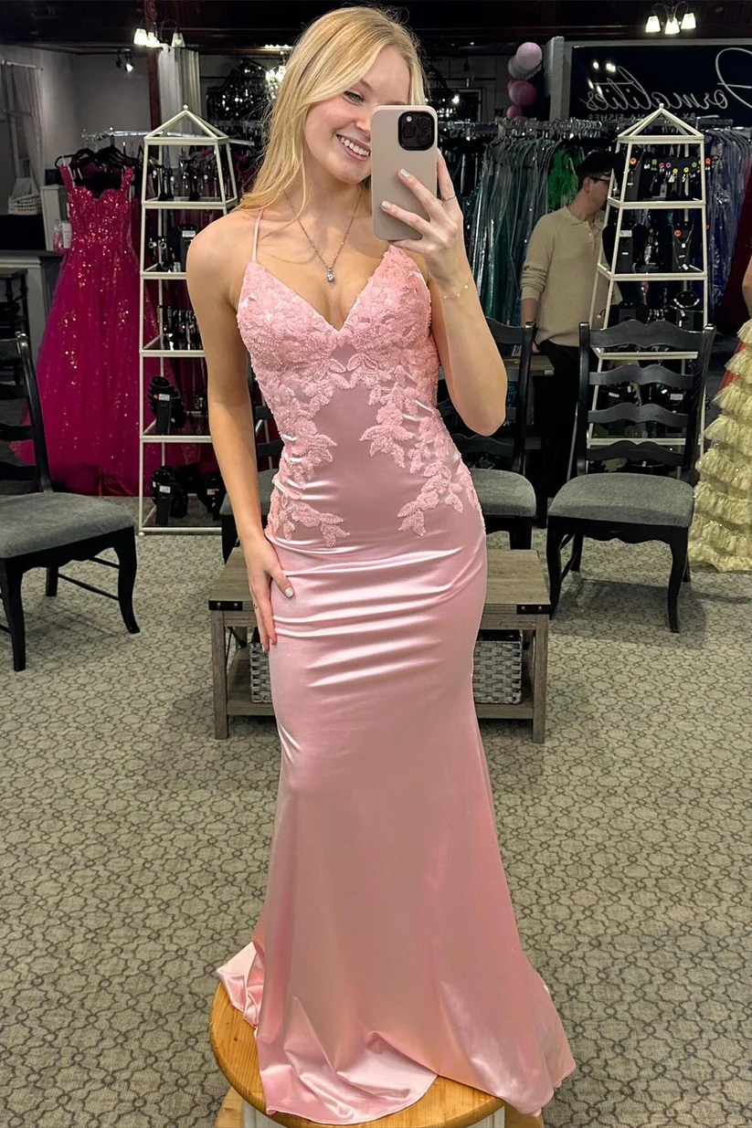 Pink Straps Appliques Mermaid Formal Long Party Dress, DP2010