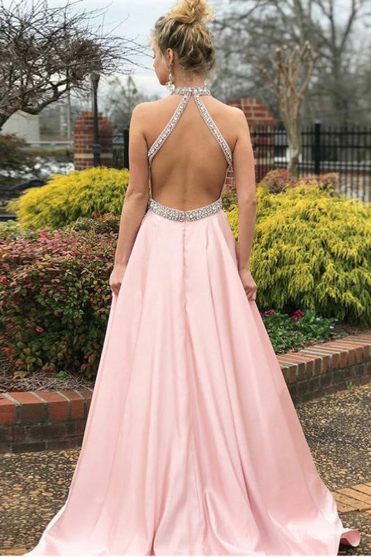 A-Line Pink Satin Open Back Sleeveless Prom Dress with Beading,DP0198