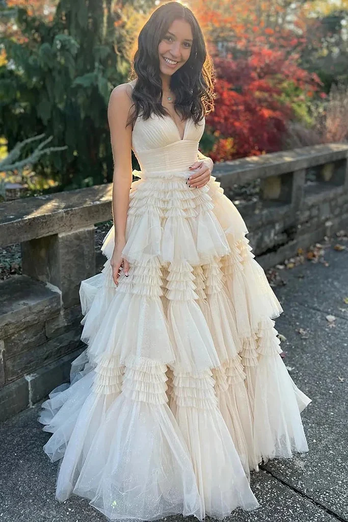 Light Champagne A-Line Tiered Ruffles Long Party Dress Ball Gown,DP1813