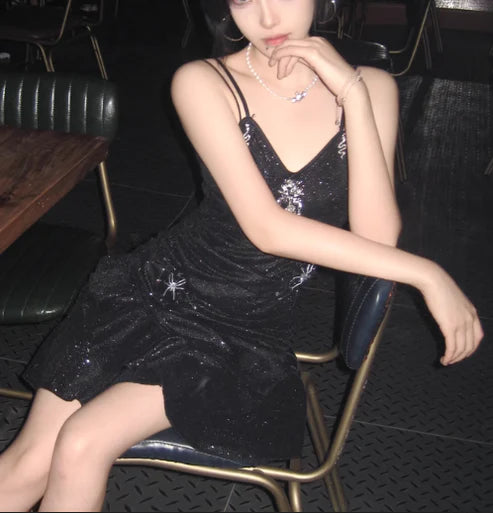 Sparkling Black Sequin Spaghetti Strap Design 16th Birthday Party Dress Homecoming Dress DP6036