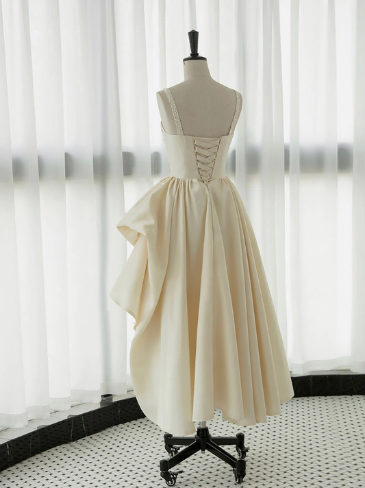 Ivory Satin Tea Length Prom Dress Formal Party Dress,DP1216