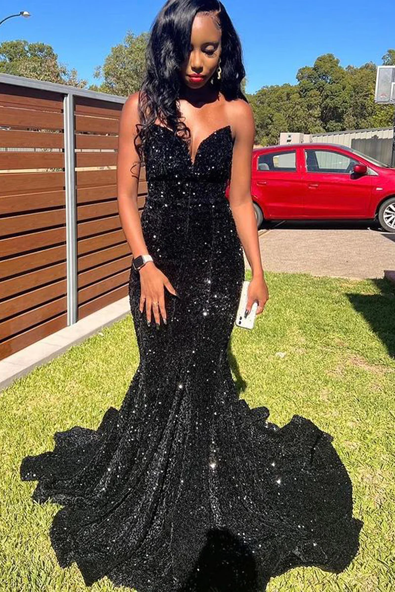 Stunning Mermaid V Neck Black Sequins Prom Dress,DP0188