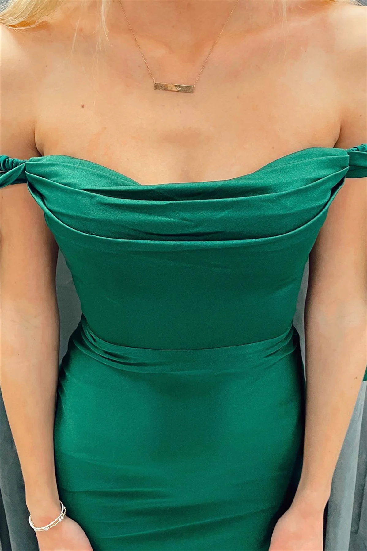 Hunter Green Off-the-Shoulder Mermaid Satin Long Prom Dress with Slit,DP013