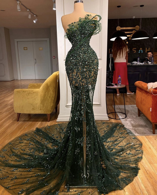 Charming Dark Green Beaded Mermaid Sparkly Evening Dress,DP07