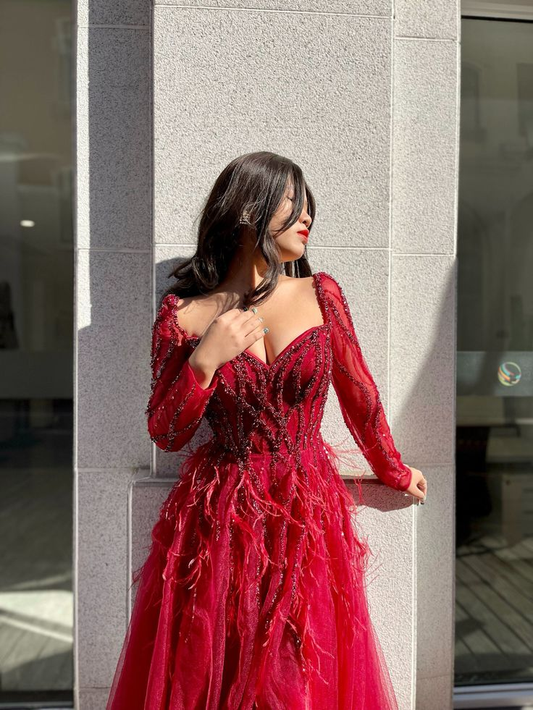 Red Modest Evening Dress Wedding Dress Engagement Dress Maxi Long Sleeve Dress,DP0125