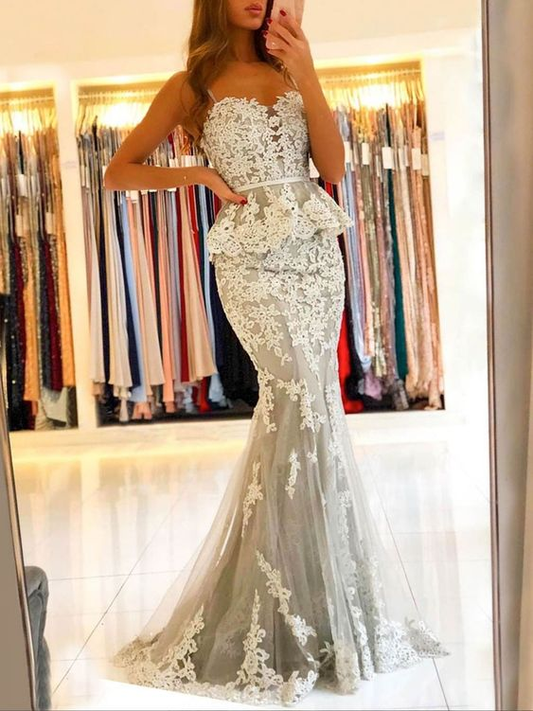 Gray Sweetheart Neck Lace Mermaid Long Prom Dress Formal Dress,DP0224