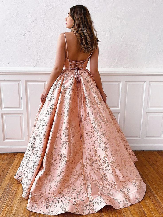 V Neck Pink Lace Prom Gown with Corset Back Corset Back Prom Formal Evening Dresses,DP083