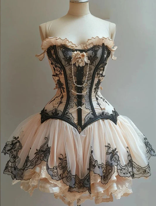 Retro Trägerloses Sweetheart Lolita Prinzessinnenkleid A-Linie Applikation Chiffon Partykleid Homecoming Kleid DP6093