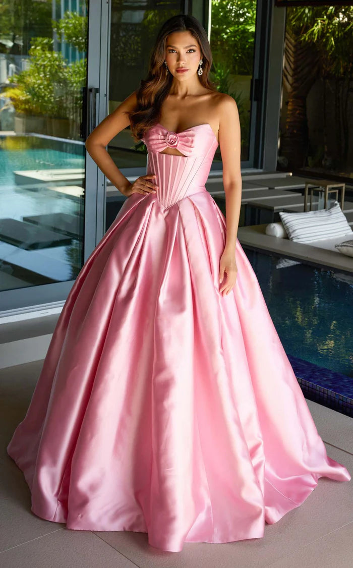 Chic Pink Satin Strapless Ball Gown with Rose Detail & Corset Bodice DP7866