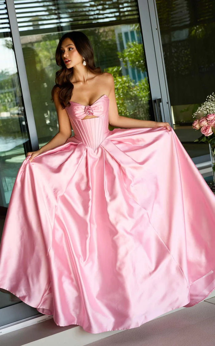 Chic Pink Satin Strapless Ball Gown with Rose Detail & Corset Bodice DP7866
