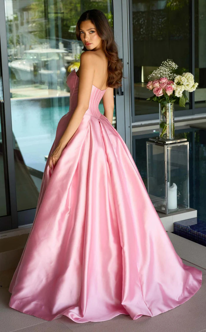 Chic Pink Satin Strapless Ball Gown with Rose Detail & Corset Bodice DP7866