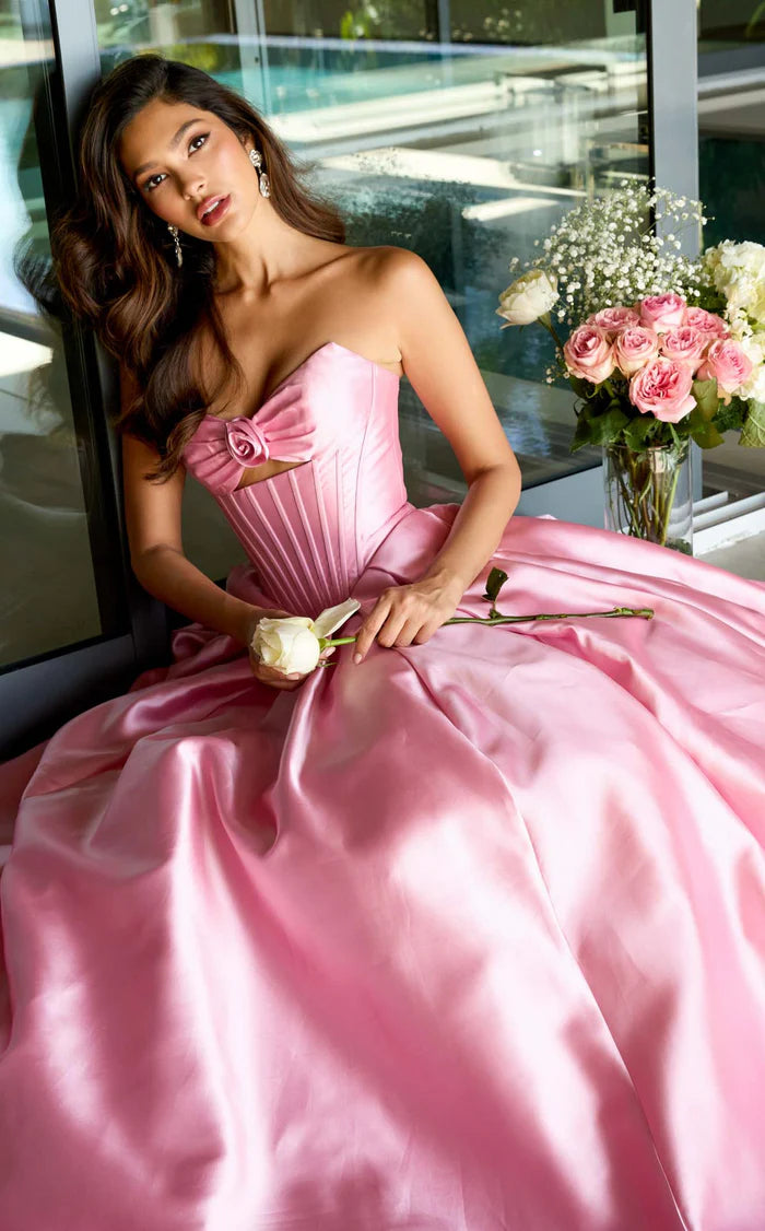 Chic Pink Satin Strapless Ball Gown with Rose Detail & Corset Bodice DP7866