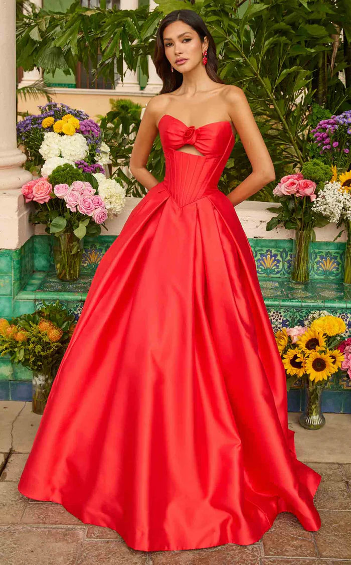 Chic Pink Satin Strapless Ball Gown with Rose Detail & Corset Bodice DP7866