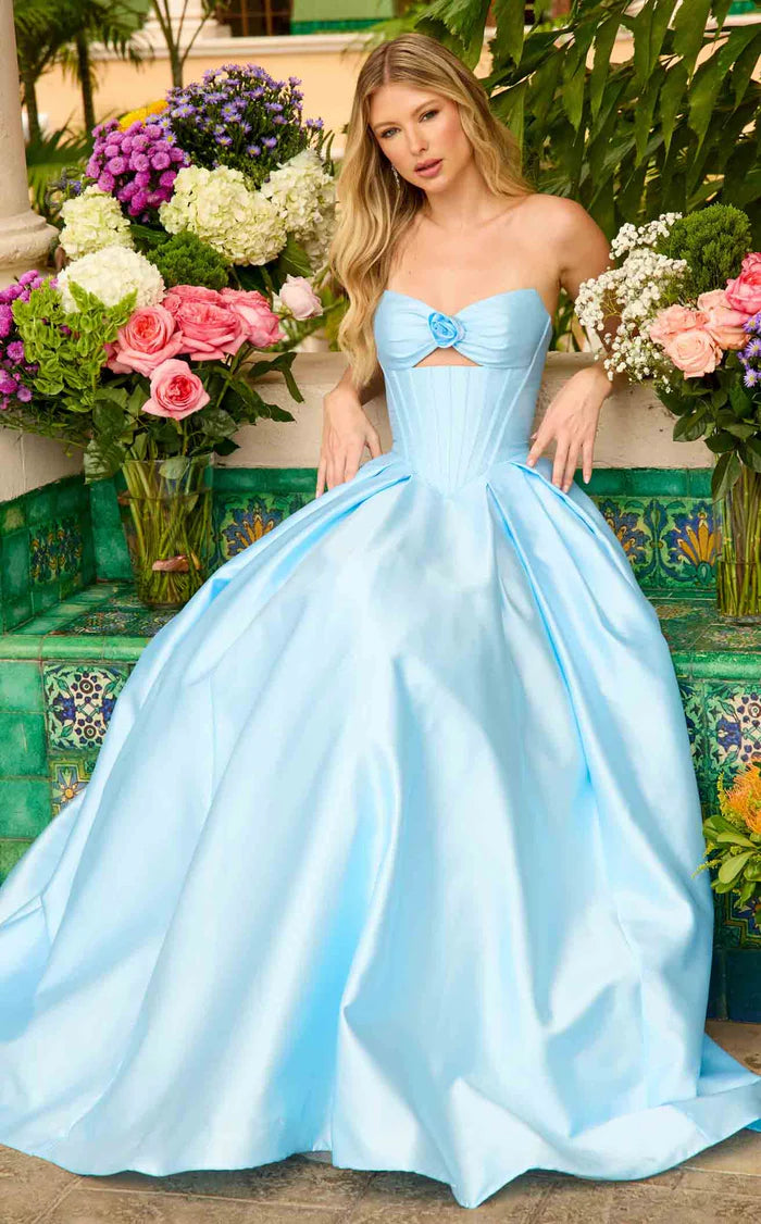 Chic Pink Satin Strapless Ball Gown with Rose Detail & Corset Bodice DP7866