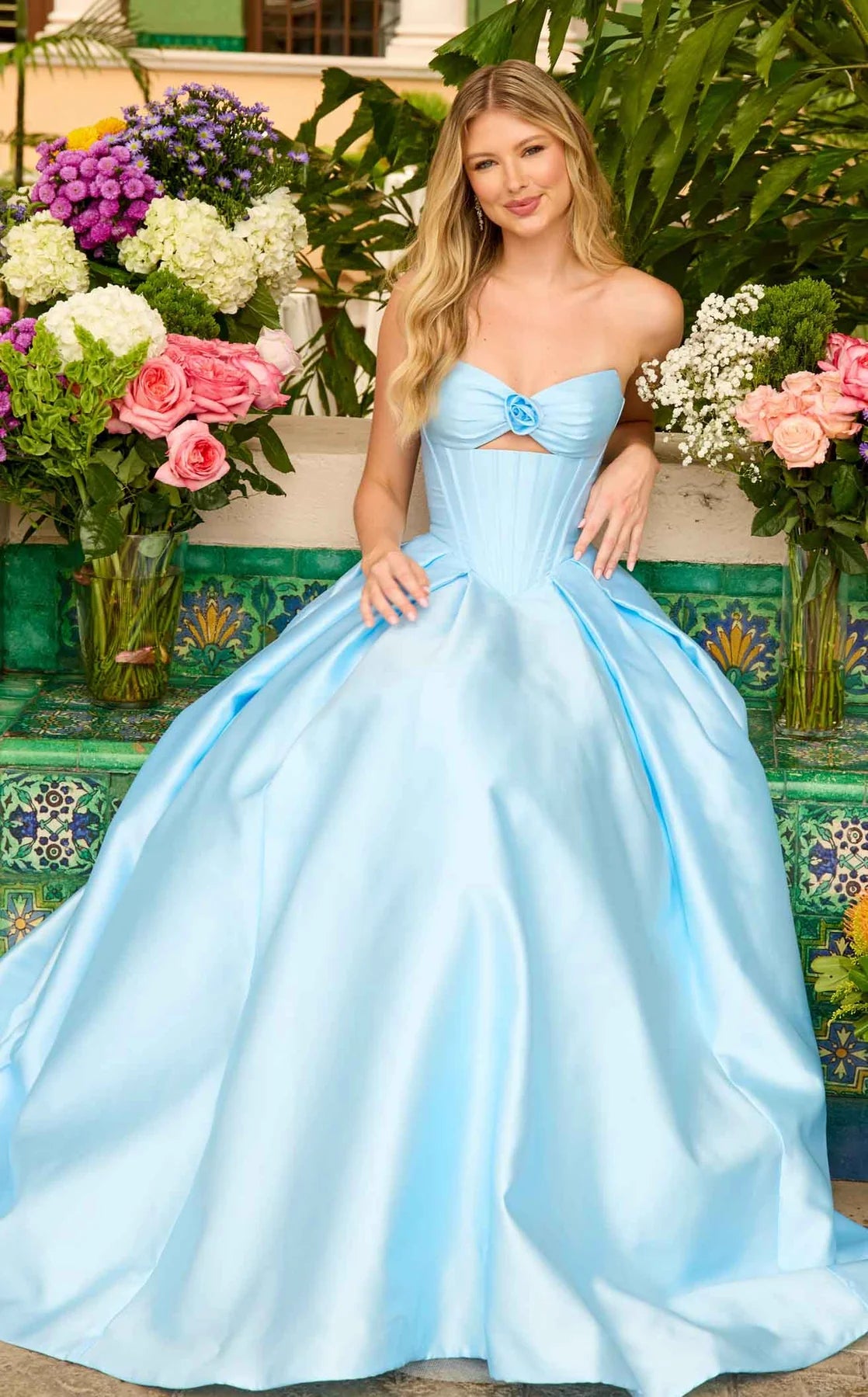 Chic Pink Satin Strapless Ball Gown with Rose Detail & Corset Bodice DP7866