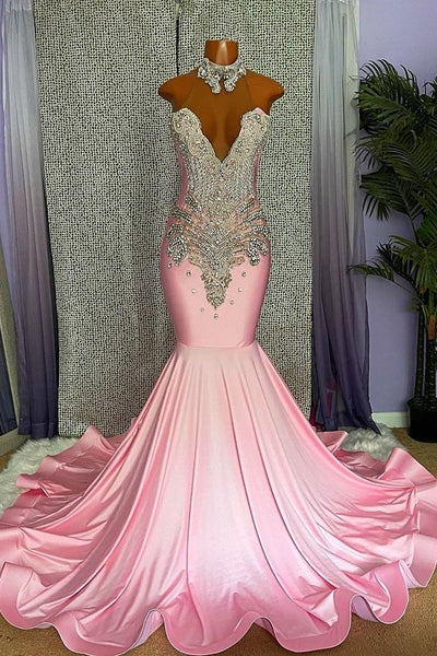 Chic High Neck Pink Long Mermaid Beading Black Girl Prom Dress, DP2309