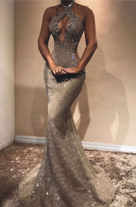 Halter Open Back Long Prom Dresses Shiny Beads Crystals Mermaid Formal Gowns,DP0115