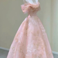 Pink Tulle Lace A-Line Long Prom Dress Off the Shoulder Birthday Dress, DP3183