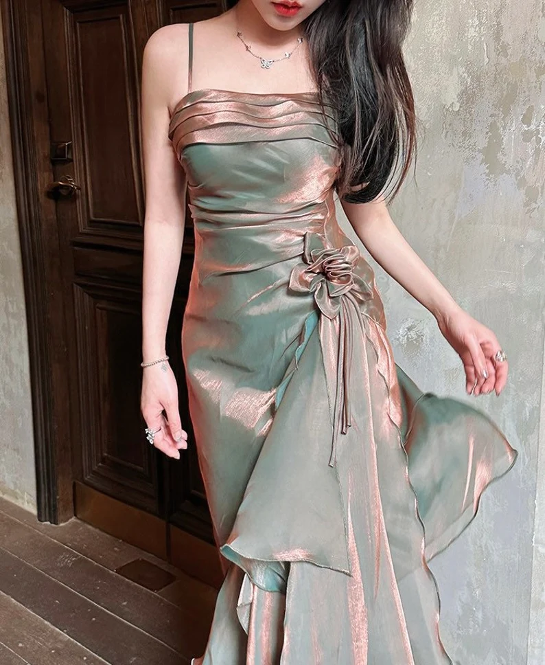 Vintage Spaghetti Straps Asymmetrical Satin Tea Length Party Dress DP1 – DSProm