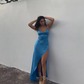 Blue V Neck Spaghetti Straps Long Party Dress with Slit, DP2452
